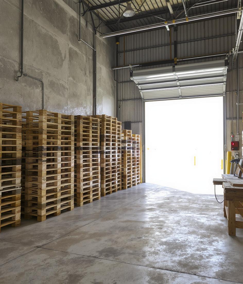 ANA Recycle Bulls warehouse facility in North Chicago, Illinois with stacks of wood pallets ready for sale and recycling